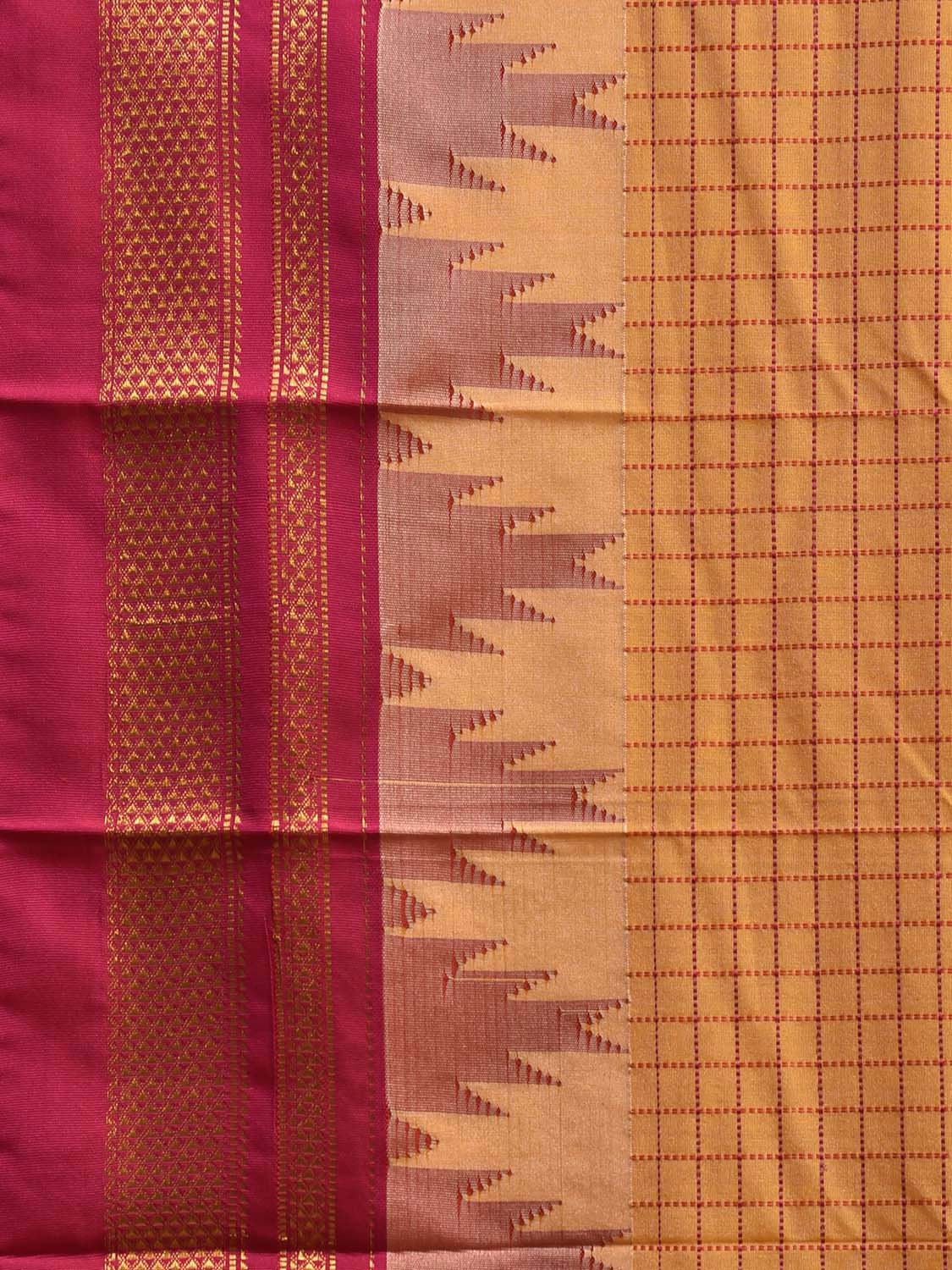 Pink and Yellow ilkal Viscose Silk Saree with Checks and Temple Border Design il0033