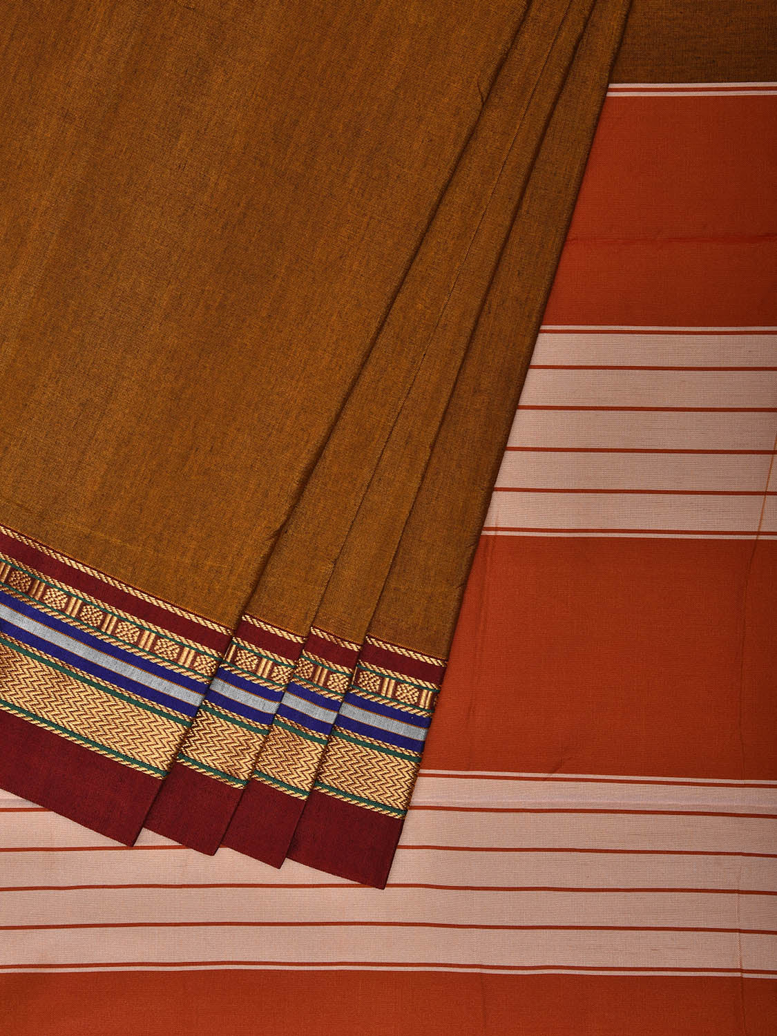 Olive and Orange ilkal Cotton Viscose Saree with Strips Pallu and Border Design No Blouse il0036