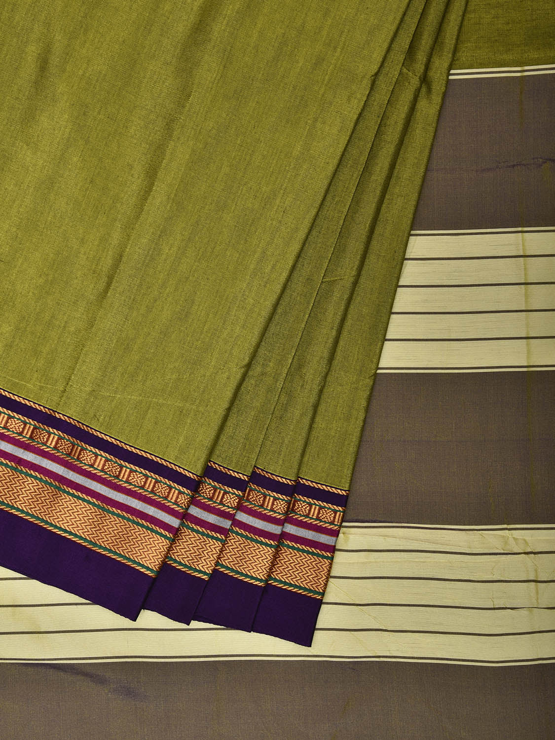 Light Green and Navy ilkal Cotton Viscose Saree with Strips Pallu and Border Design No Blouse il0039