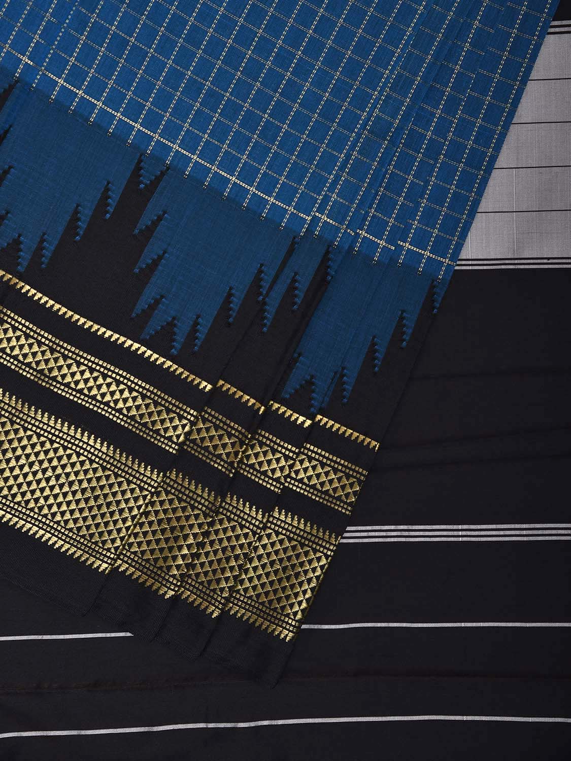 Blue and Black ilkal Viscose Saree with Checks and Big Temple Border Design il0043
