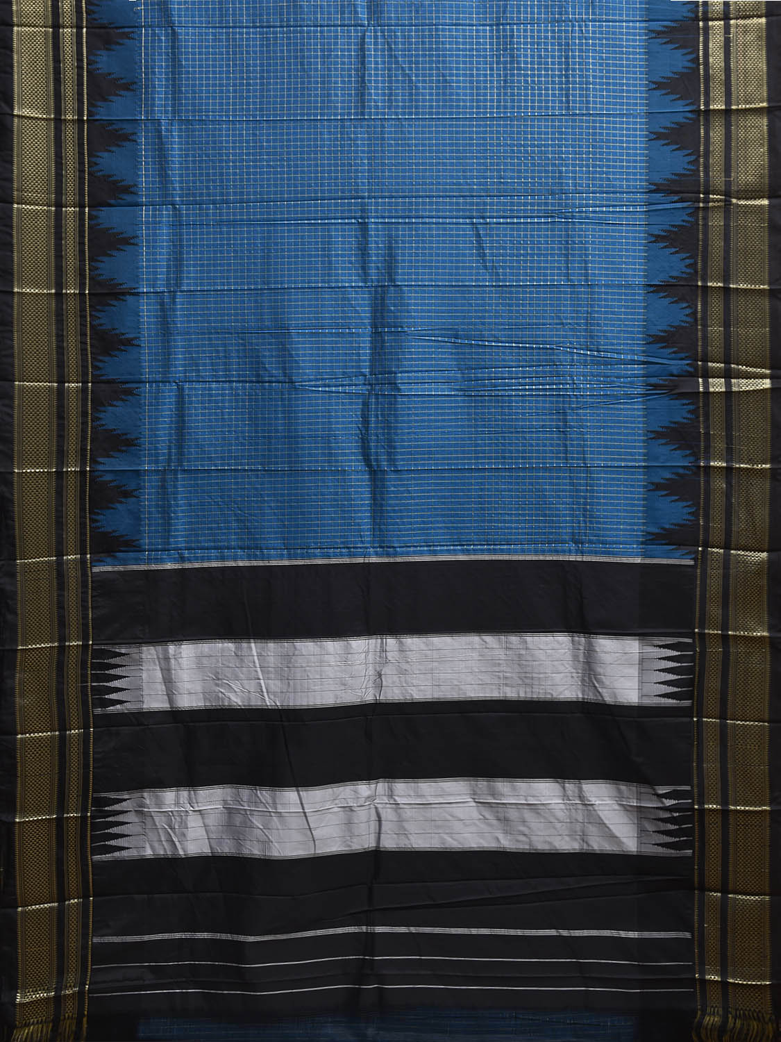 Blue and Black ilkal Viscose Saree with Checks and Big Temple Border Design il0043