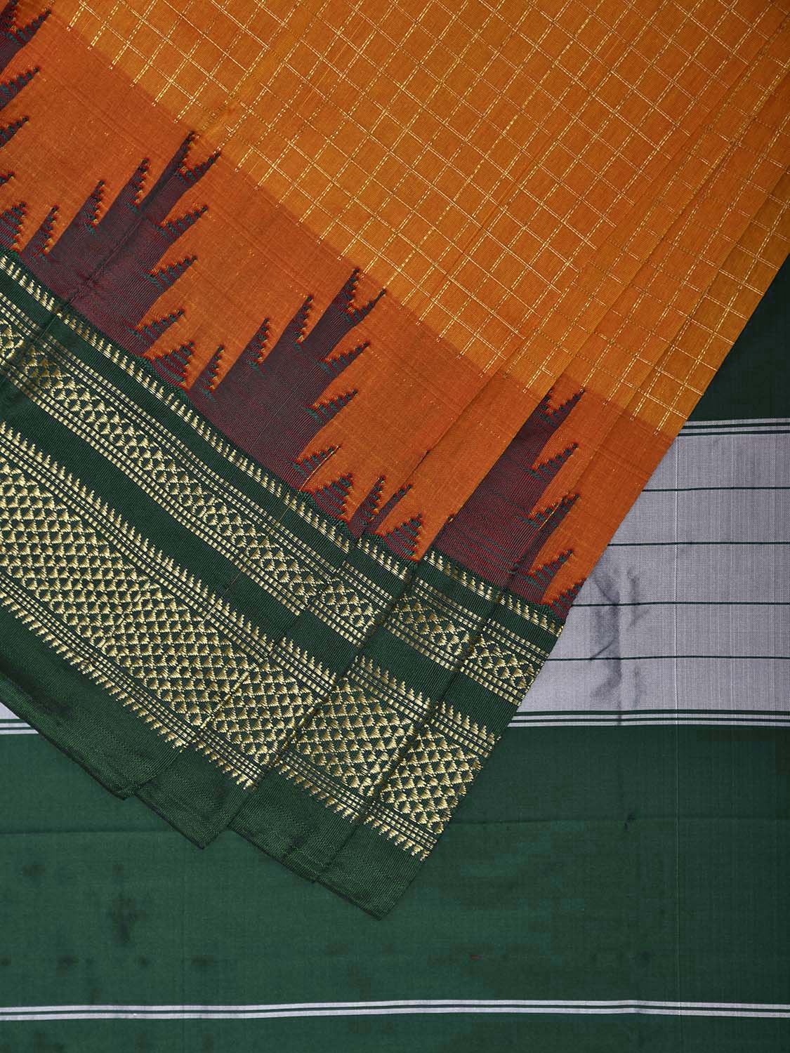 Orange and Green ilkal Viscose Saree with Checks and Big Temple Border Design il0044