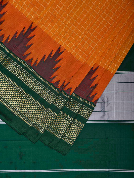 Orange and Green ilkal Viscose Saree with Checks and Big Temple Border Design il0044