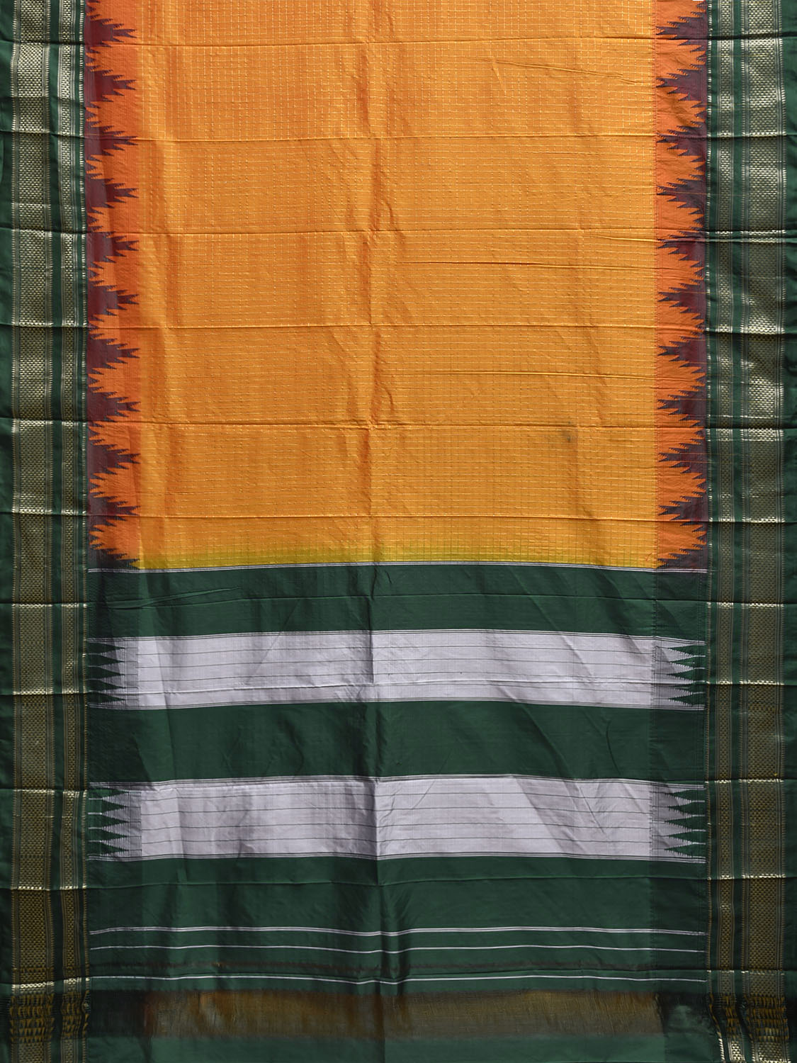 Orange and Green ilkal Viscose Saree with Checks and Big Temple Border Design il0044
