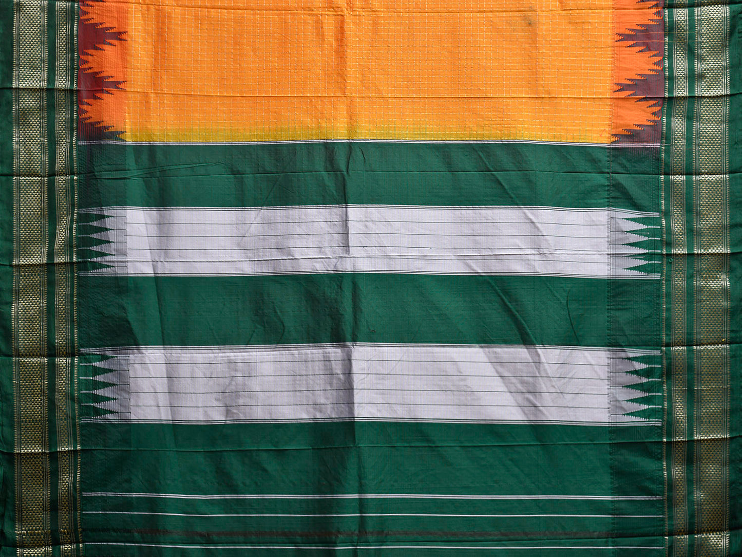 Orange and Green ilkal Viscose Saree with Checks and Big Temple Border Design il0044