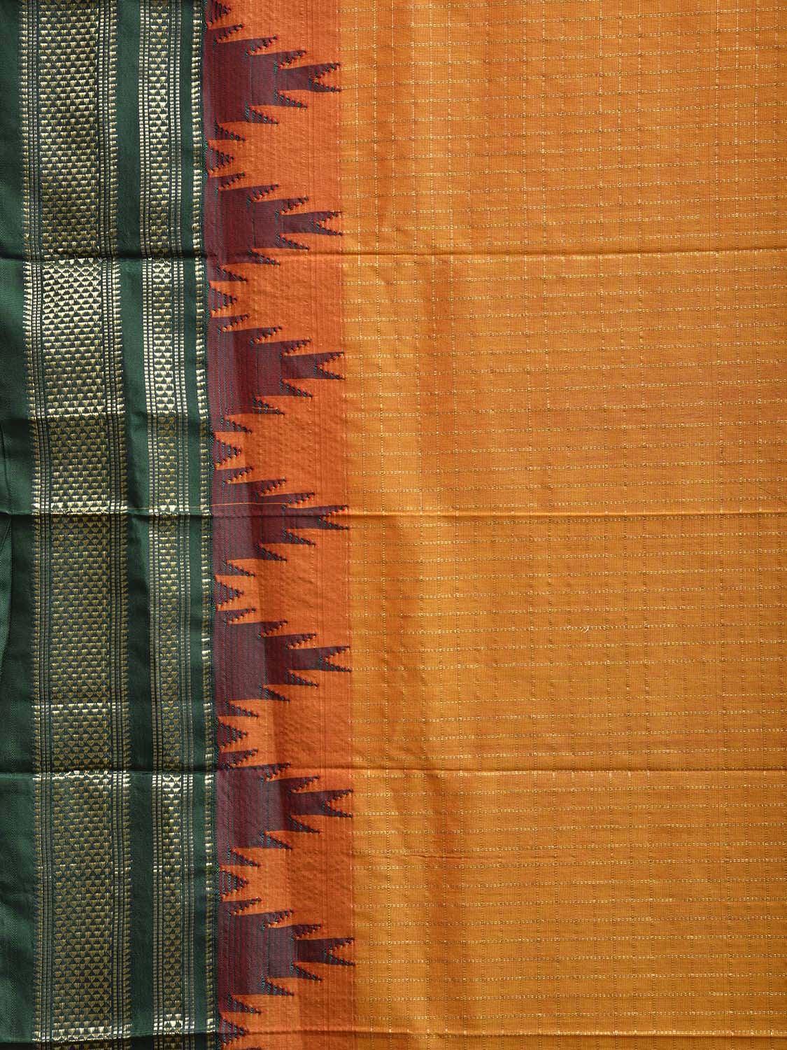 Orange and Green ilkal Viscose Saree with Checks and Big Temple Border Design il0044