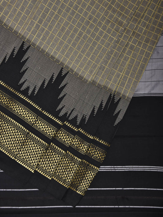 Grey and Black ilkal Viscose Saree with Checks and Big Temple Border Design il0045