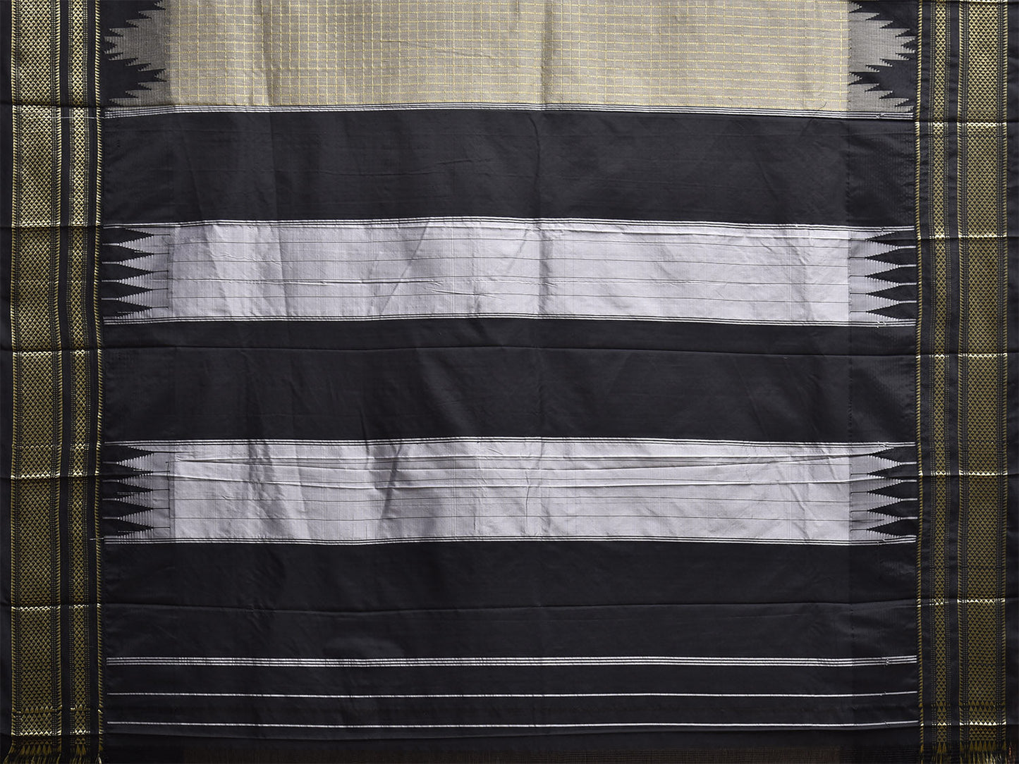 Grey and Black ilkal Viscose Saree with Checks and Big Temple Border Design il0045