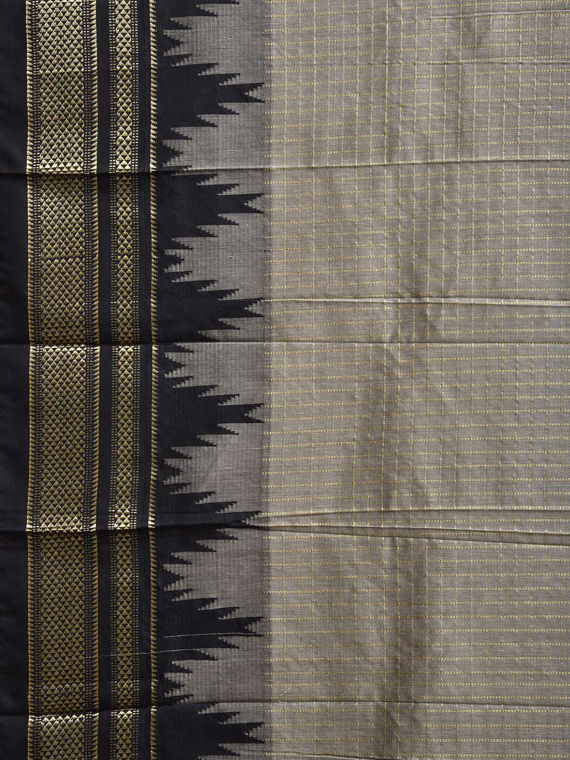 Grey and Black ilkal Viscose Saree with Checks and Big Temple Border Design il0045