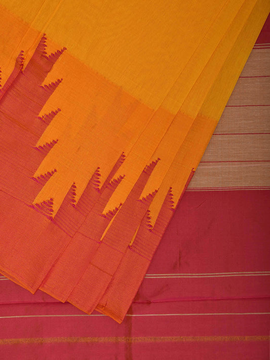 Yellow and Pink ilkal Viscose Plain Saree with Big Temple Border Design il0046