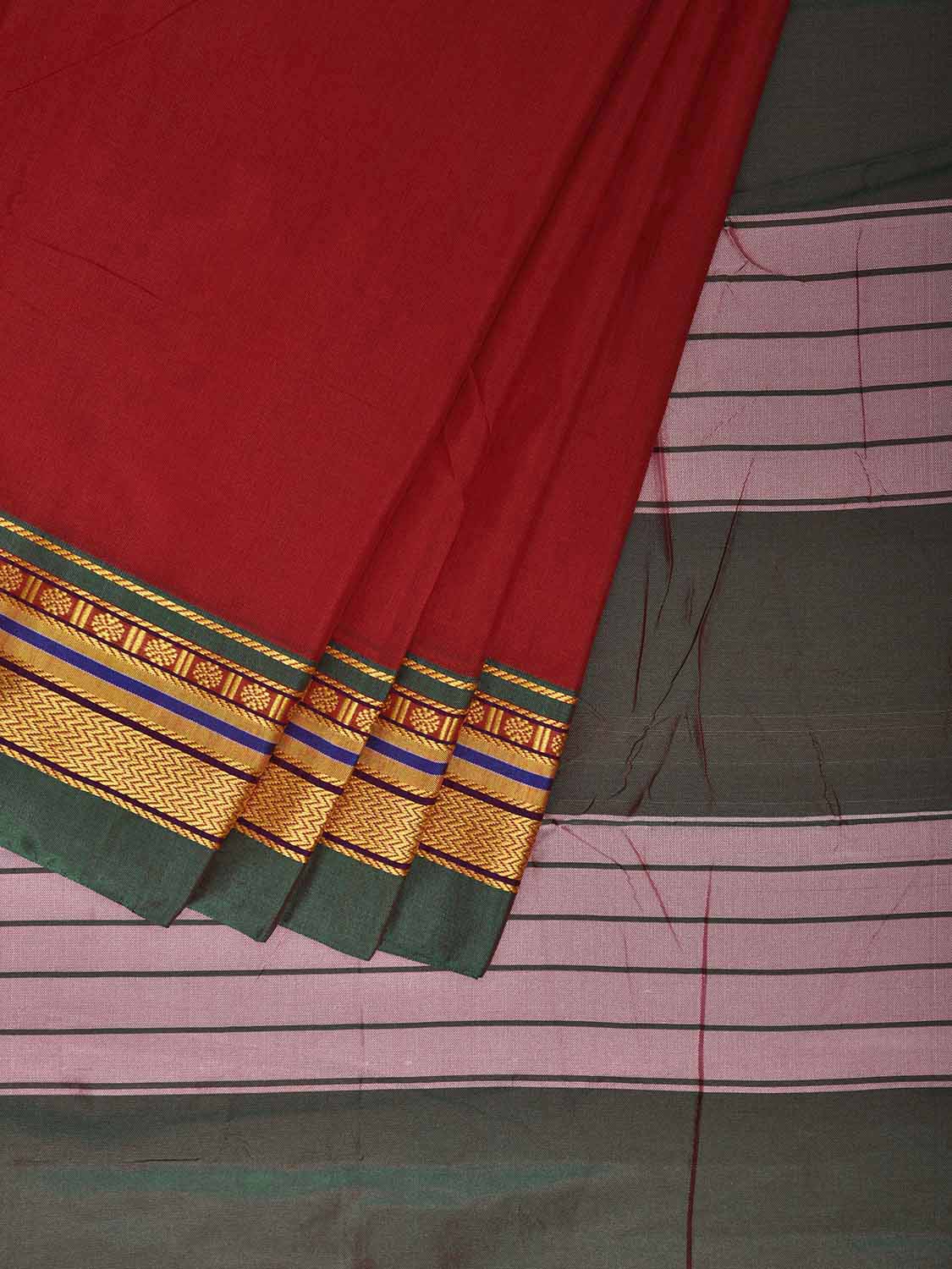 Red and Green ilkal Cotton Plain Saree with Strips Pallu Design No Blouse il0053