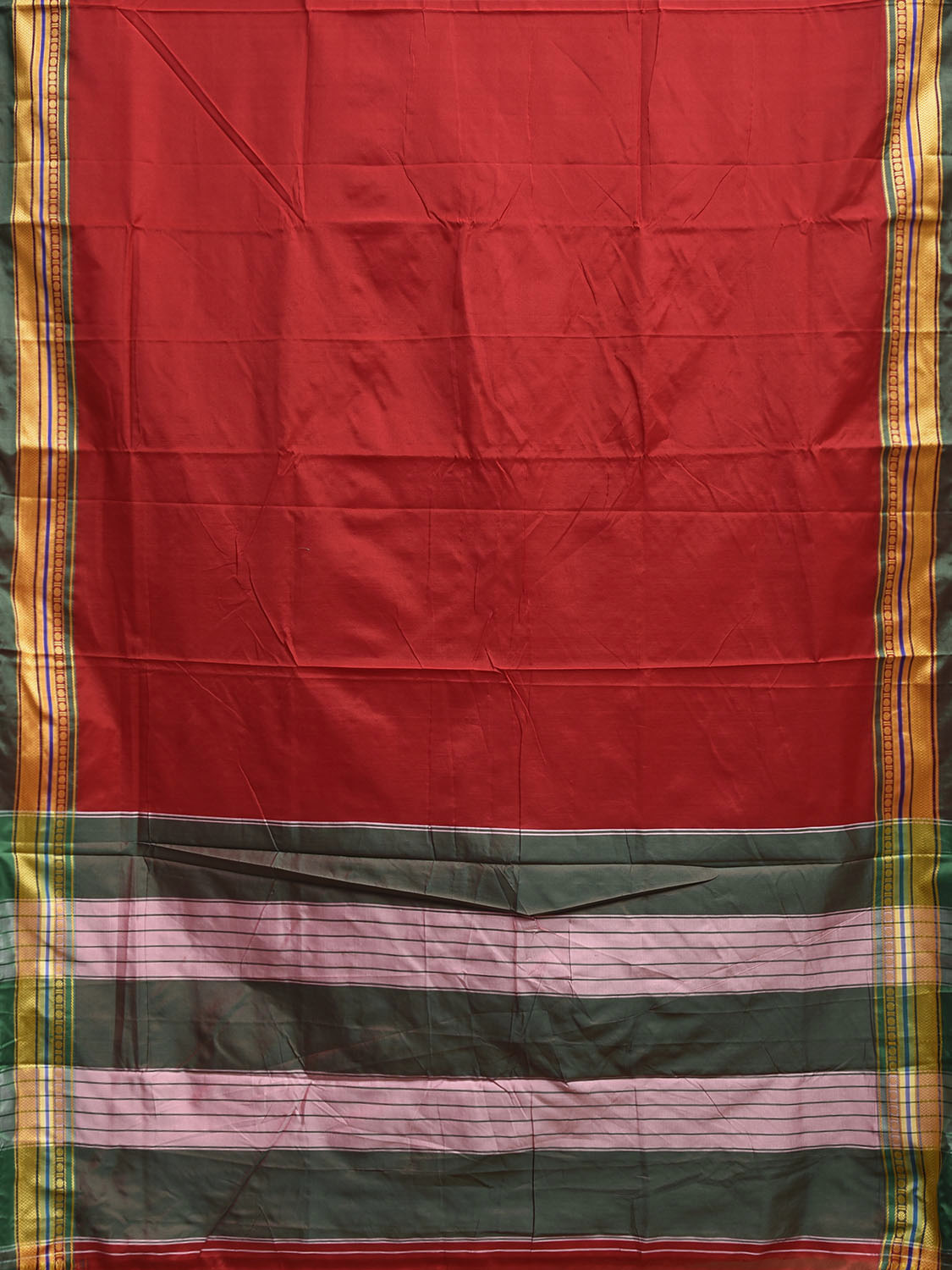 Red and Green ilkal Cotton Plain Saree with Strips Pallu Design No Blouse il0053