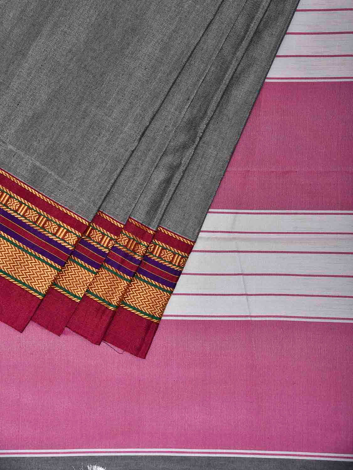 Grey and Light Pink ilkal Cotton Plain Saree with Strips Pallu Design No Blouse il0054