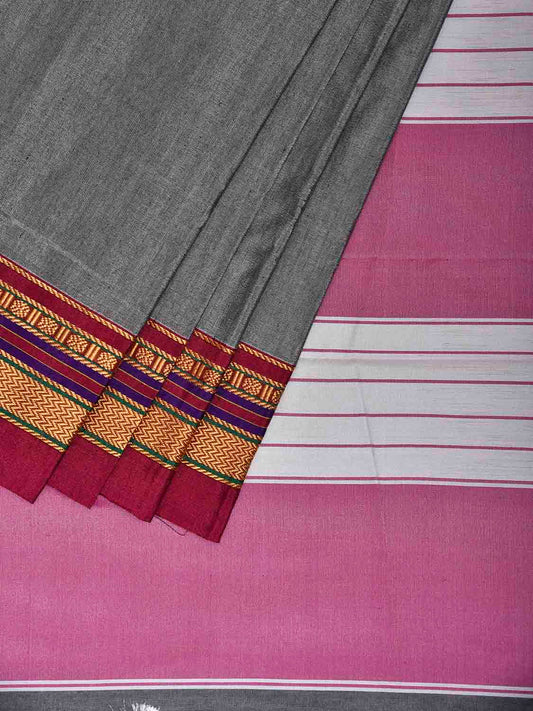 Grey and Light Pink ilkal Cotton Plain Saree with Strips Pallu Design No Blouse il0054