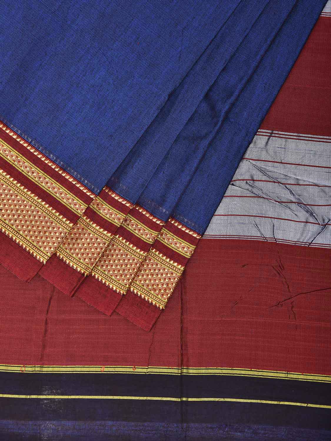 Blue and Maroon ilkal Cotton Plain Saree with Contrast Pallu Design il0056