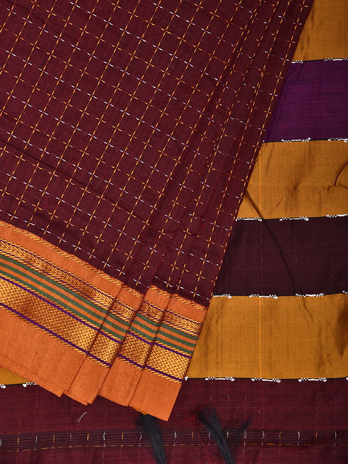 Maroon and Yellow ilkal Cotton Viscose Saree with Strips Pallu Design No Blouse il0067
