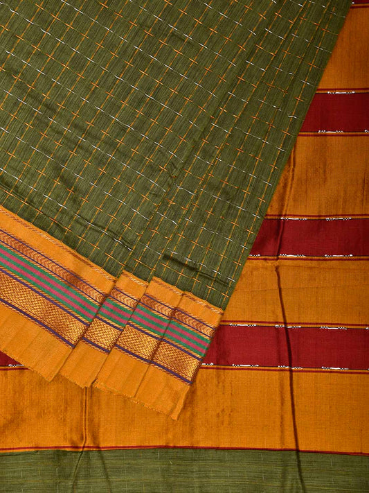 Green and Yellow ilkal Cotton Viscose Saree with Strips Pallu Design No Blouse il0068