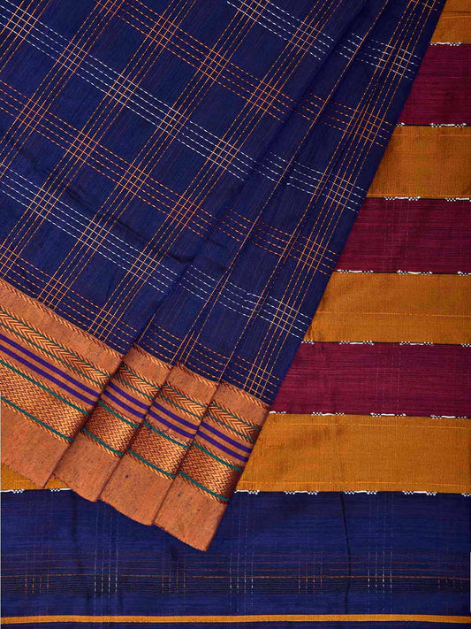 Blue and Yellow ilkal Cotton Viscose Saree with Checks and Strips Pallu Design il0070