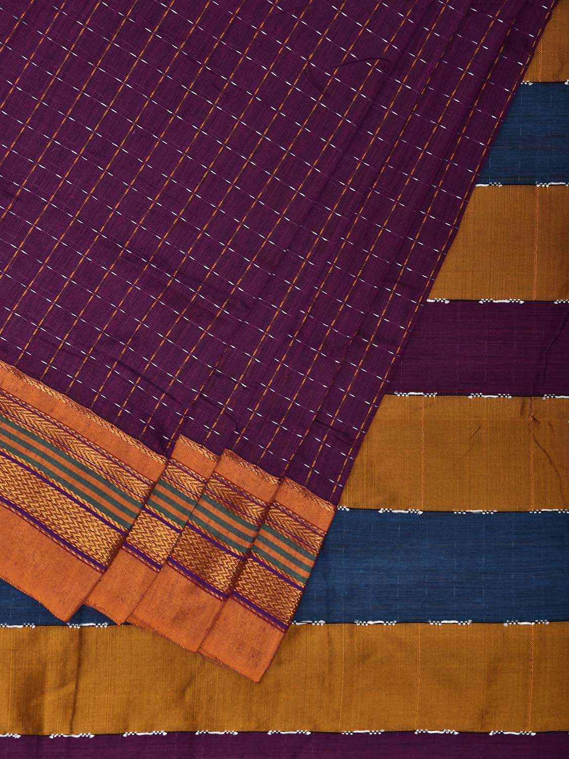 Purple and Yellow ilkal Cotton Viscose Saree with Checks and Strips Pallu Design il0073
