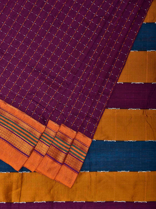 Purple and Yellow ilkal Cotton Viscose Saree with Checks and Strips Pallu Design il0073