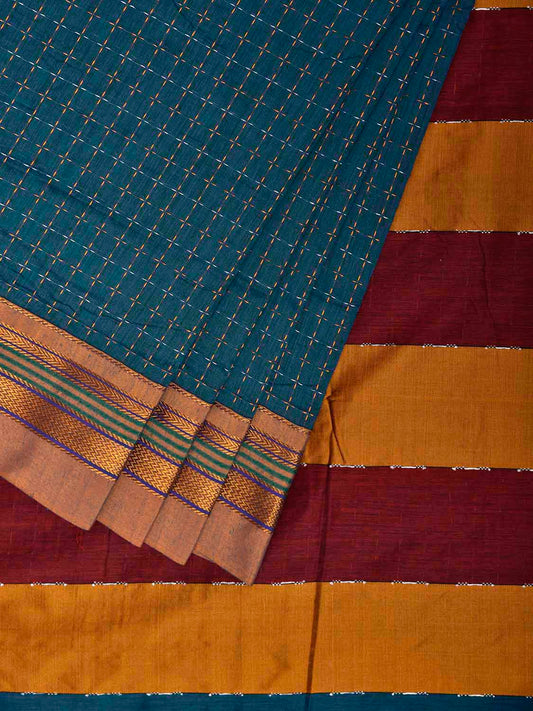 Teal and Yellow ilkal Cotton Viscose Saree with Checks and Strips Pallu Design il0074