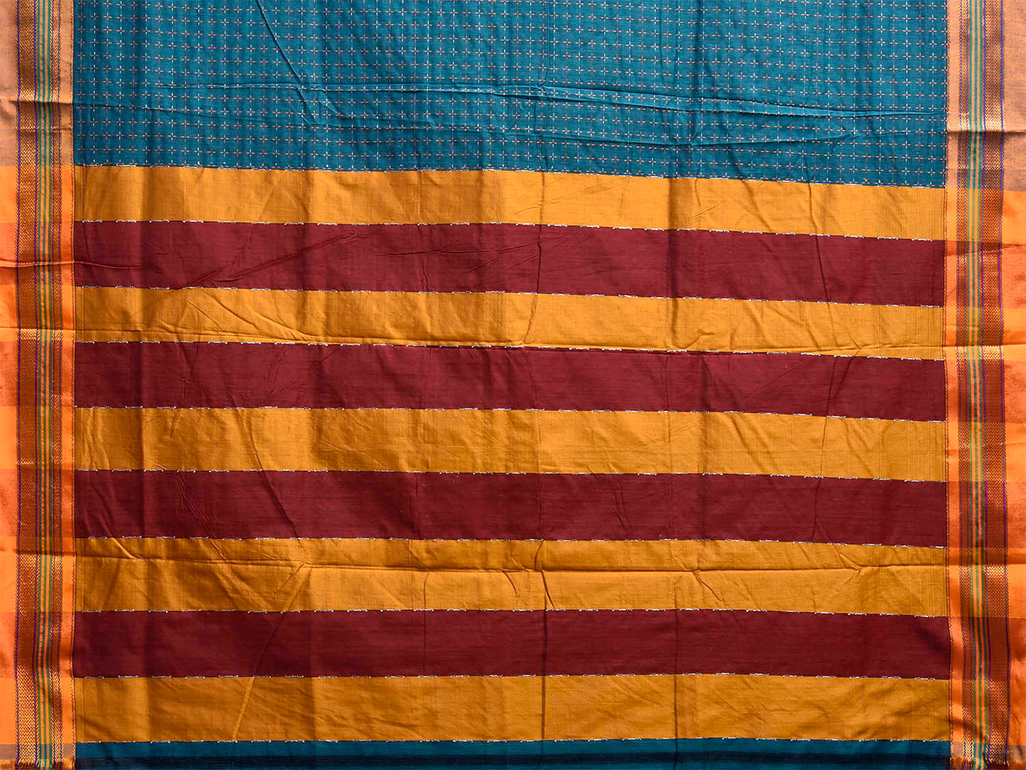 Teal and Yellow ilkal Cotton Viscose Saree with Checks and Strips Pallu Design il0074