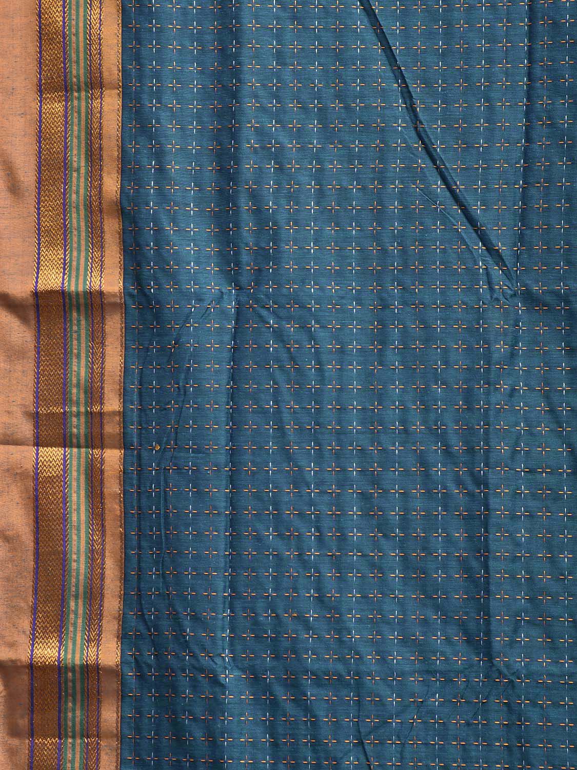 Teal and Yellow ilkal Cotton Viscose Saree with Checks and Strips Pallu Design il0074