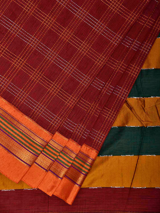 Maroon and Yellow ilkal Cotton Viscose Saree with Checks and Strips Pallu Design il0075