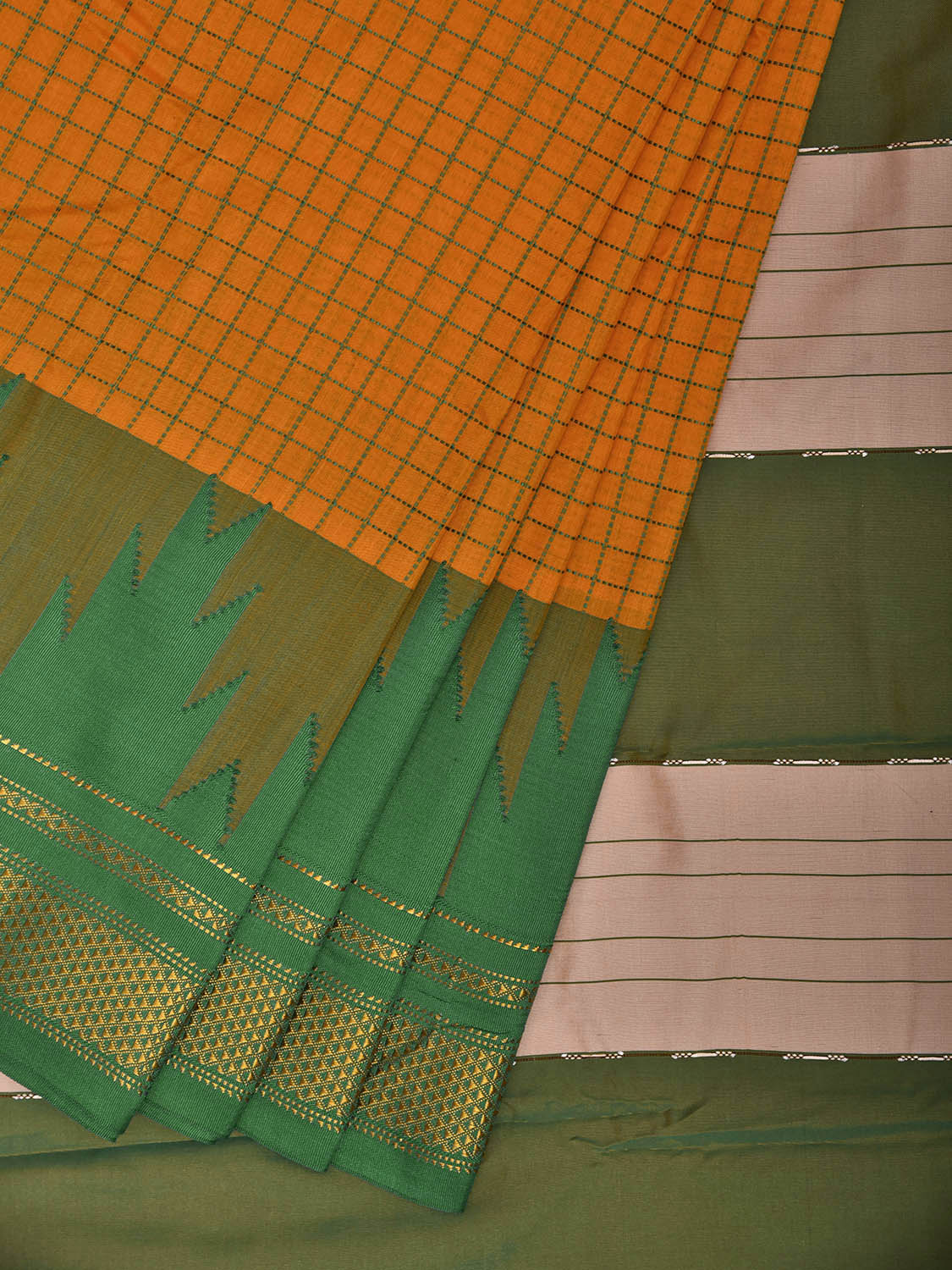 Orange and Green ilkal Cotton Viscose Saree with Checks and Temple Border Design il0076