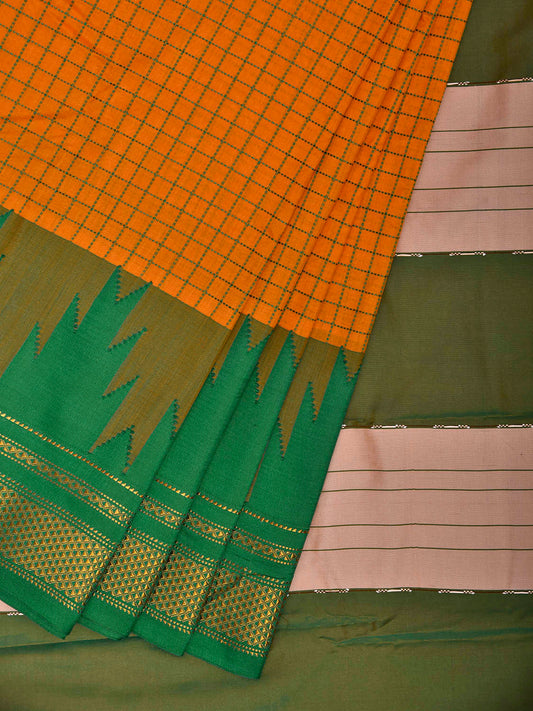 Orange and Green ilkal Cotton Viscose Saree with Checks and Temple Border Design il0076