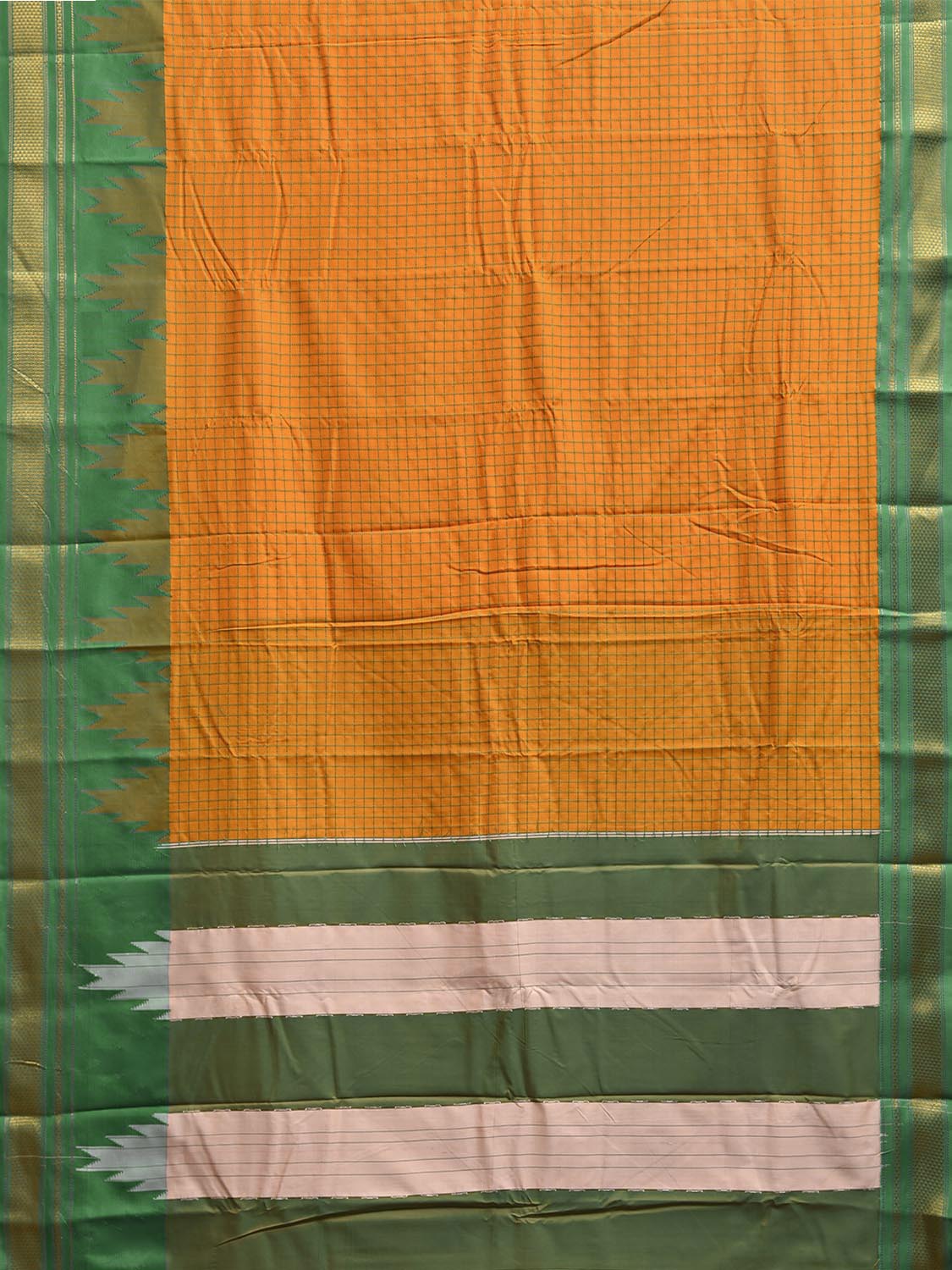 Orange and Green ilkal Cotton Viscose Saree with Checks and Temple Border Design il0076