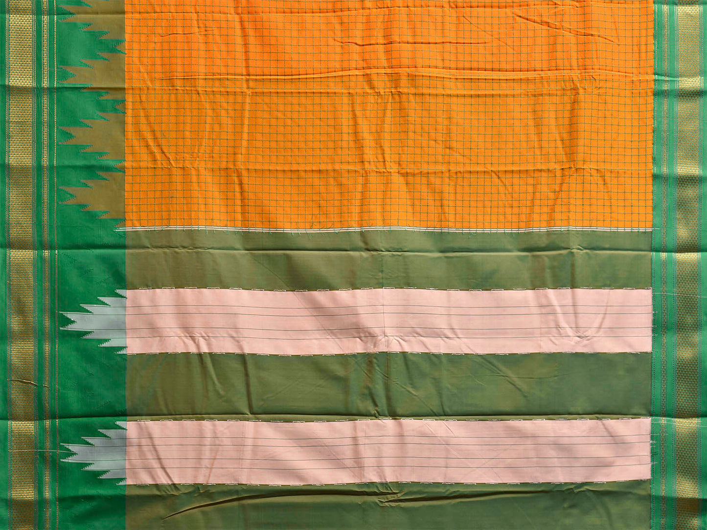 Orange and Green ilkal Cotton Viscose Saree with Checks and Temple Border Design il0076
