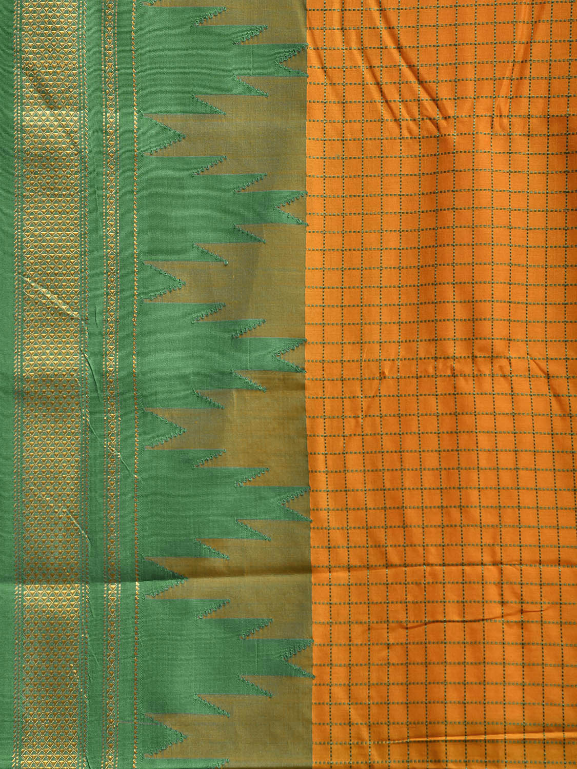 Orange and Green ilkal Cotton Viscose Saree with Checks and Temple Border Design il0076