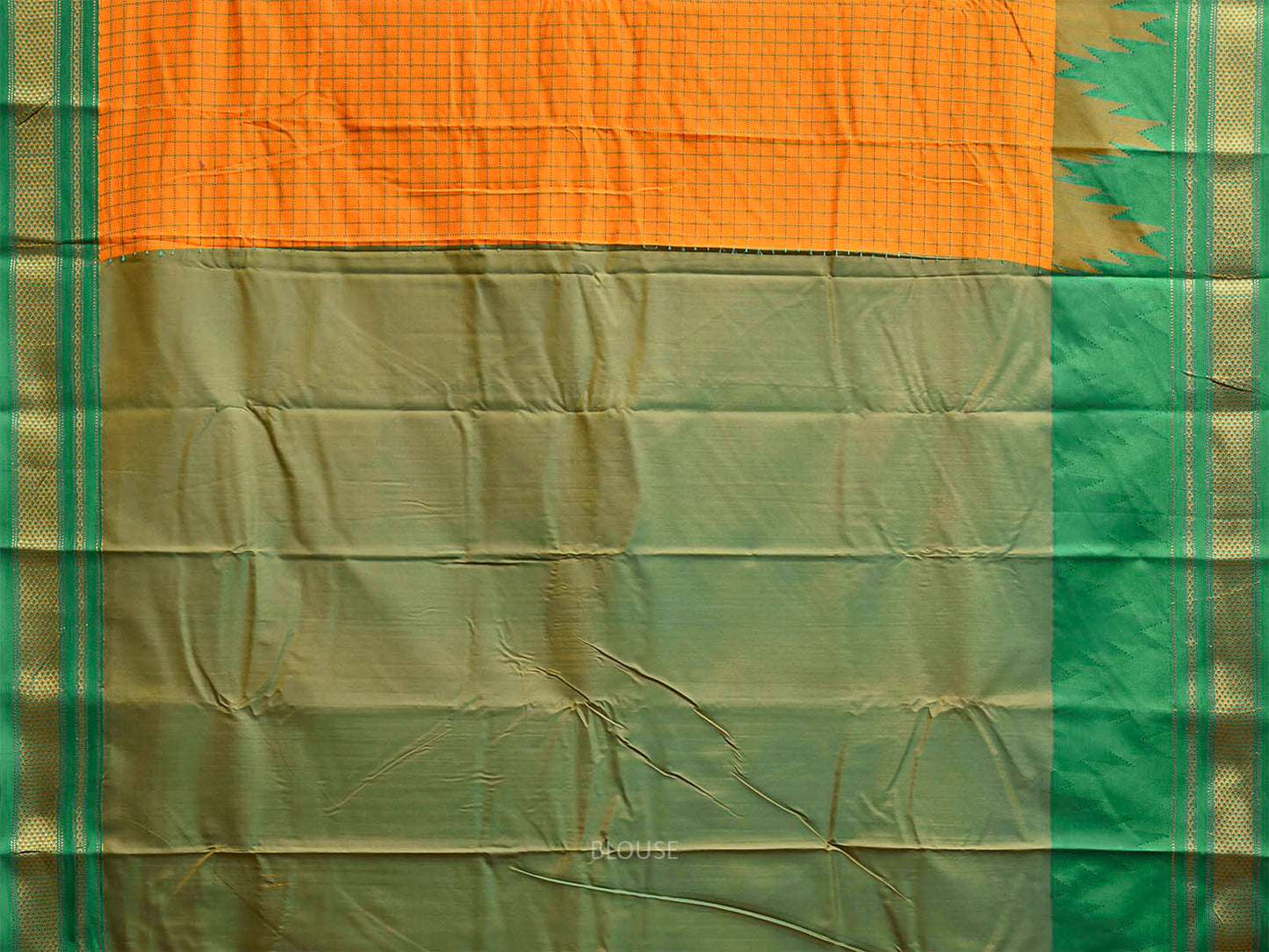 Orange and Green ilkal Cotton Viscose Saree with Checks and Temple Border Design il0076