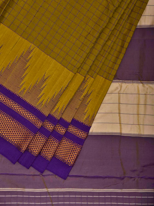 Olive and Dark Blue ilkal Viscose Saree with Checks and Temple Border Design il0077