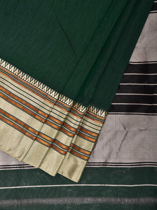 Green and White ilkal Cotton Viscose Plain Saree with Strips Pallu Design il0079
