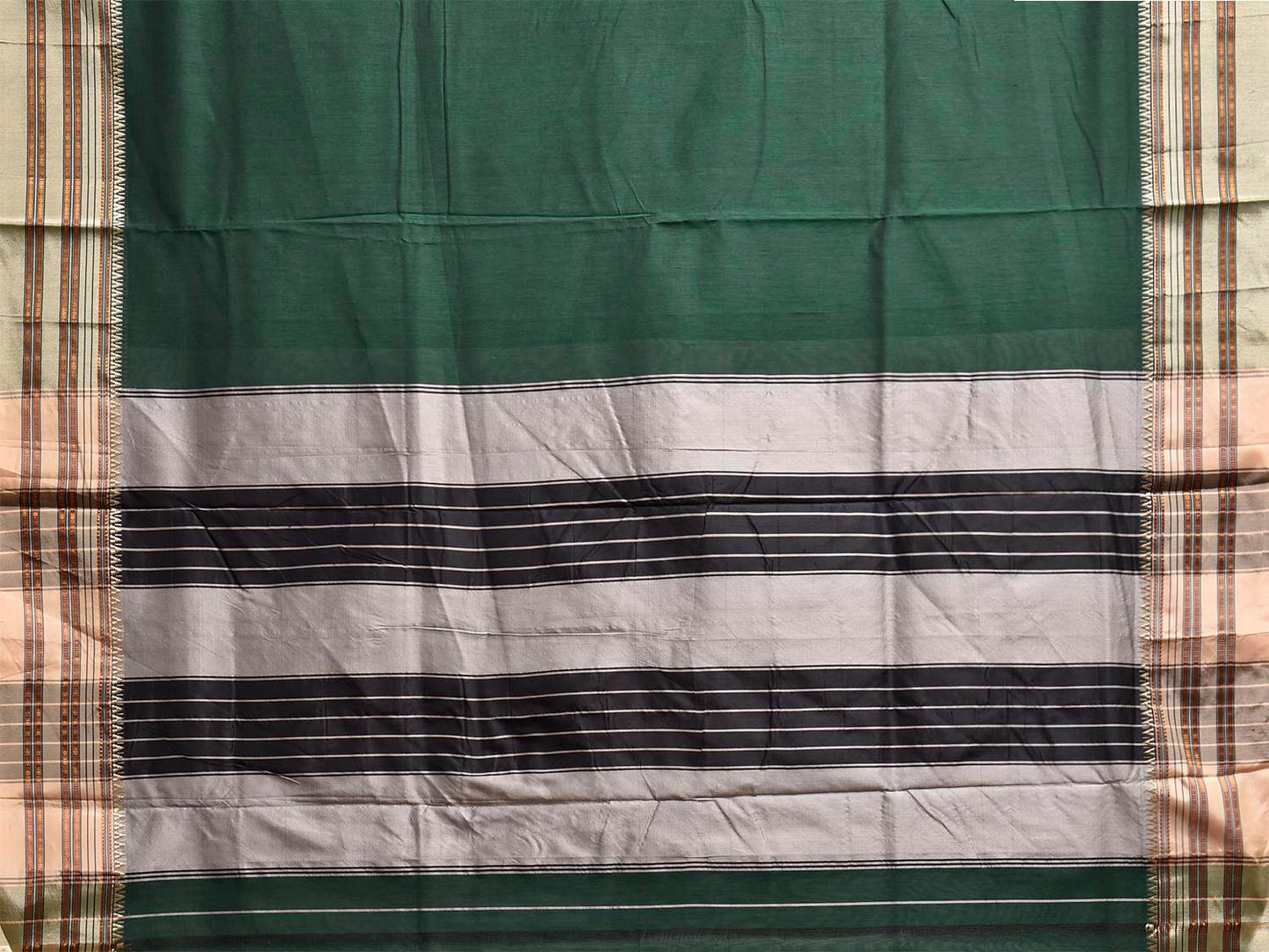 Green and White ilkal Cotton Viscose Plain Saree with Strips Pallu Design il0079