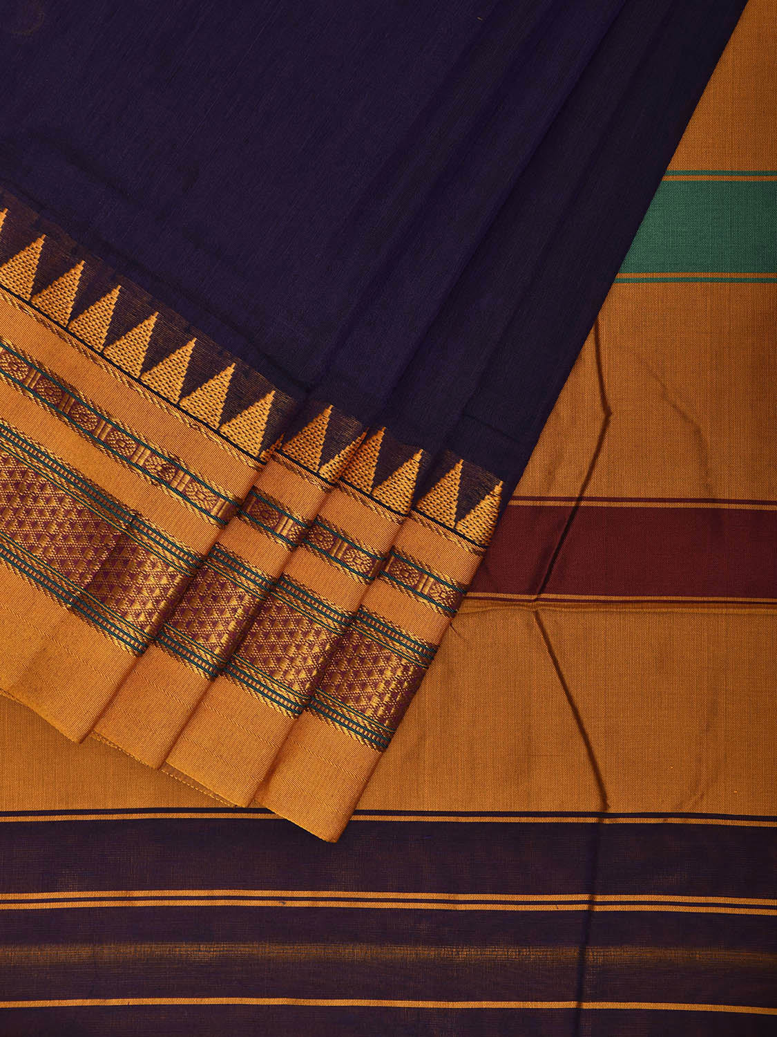 Indigo and Yellow ilkal Cotton Viscose Plain Saree with Strips Pallu Design il0080
