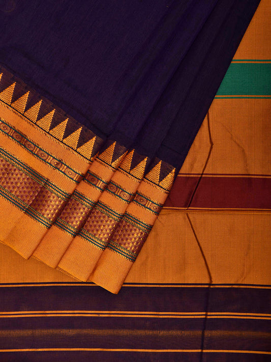 Indigo and Yellow ilkal Cotton Viscose Plain Saree with Strips Pallu Design il0080