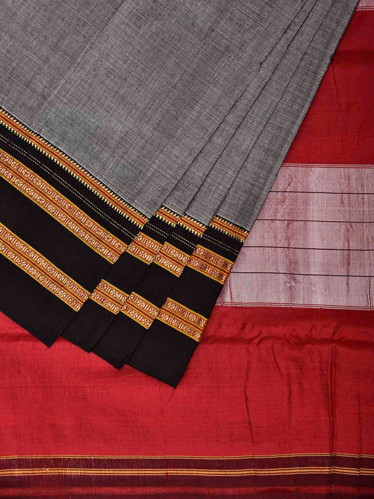 Grey and Red ilkal Viscose Plain Saree with Two Sided Pallu Design No Blouse il0083