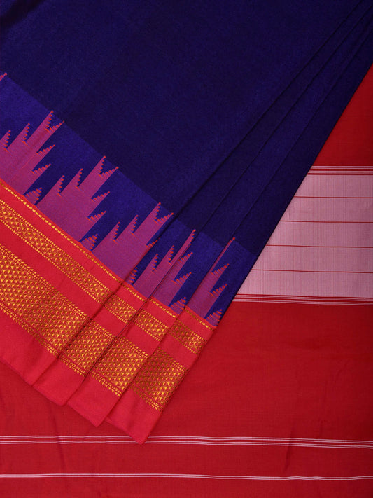 Navy and Red ilkal Viscose Plain Saree with Temple Border Design il0088
