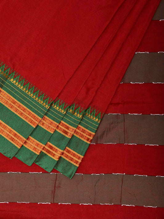 Red and Green ilkal Viscose Plain Saree with Strips Pallu Design No Blouse il0090