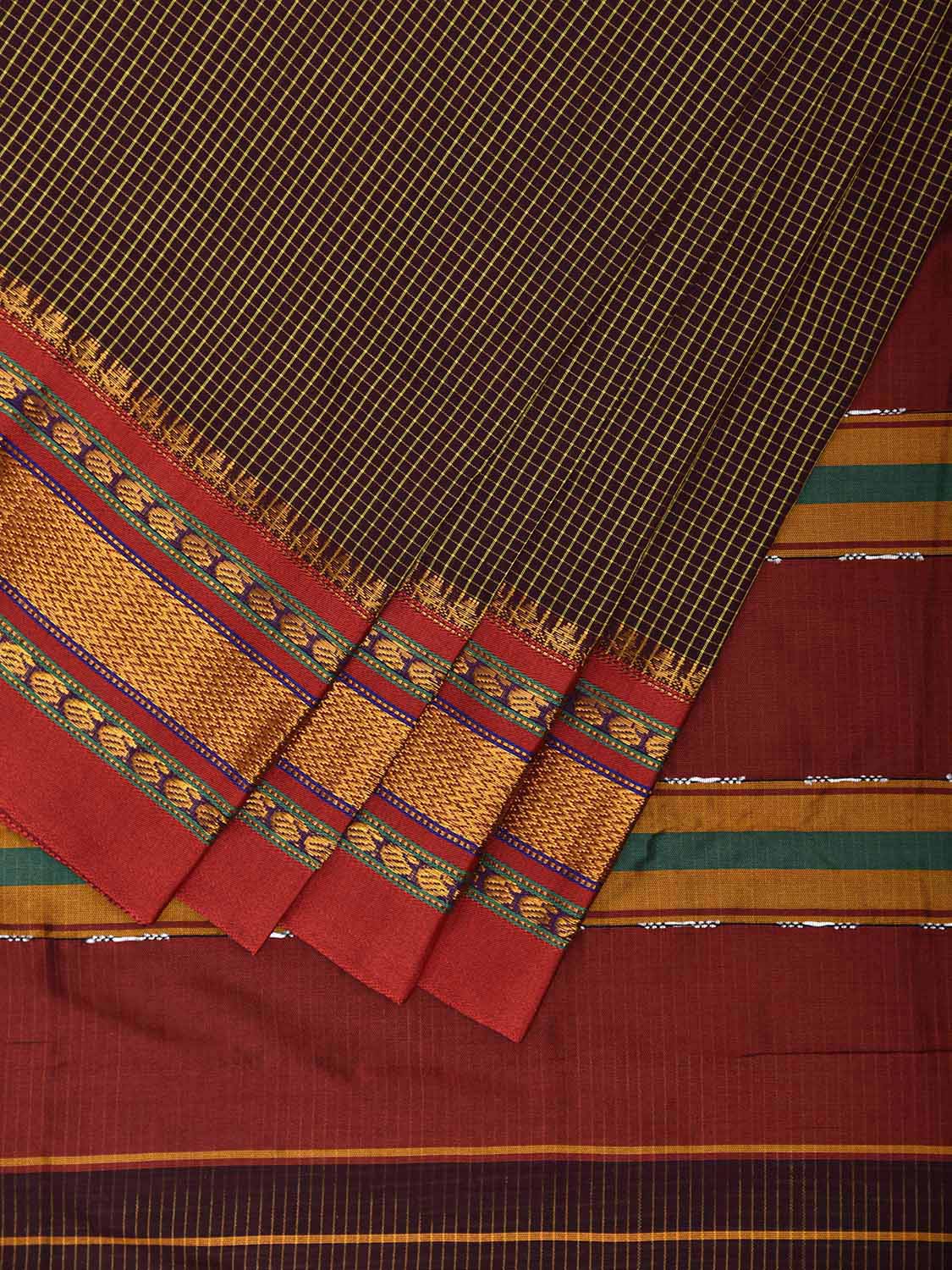 Brown and Red ilkal Viscose Saree with Small Checks and Strips Pallu Design il0092