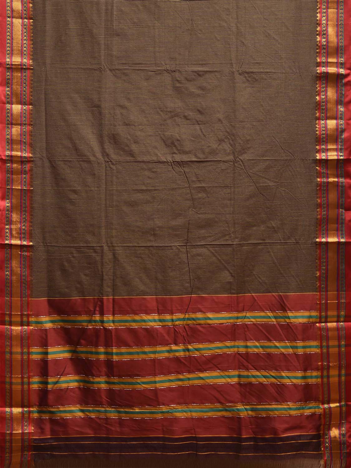 Brown and Red ilkal Viscose Saree with Small Checks and Strips Pallu Design il0092