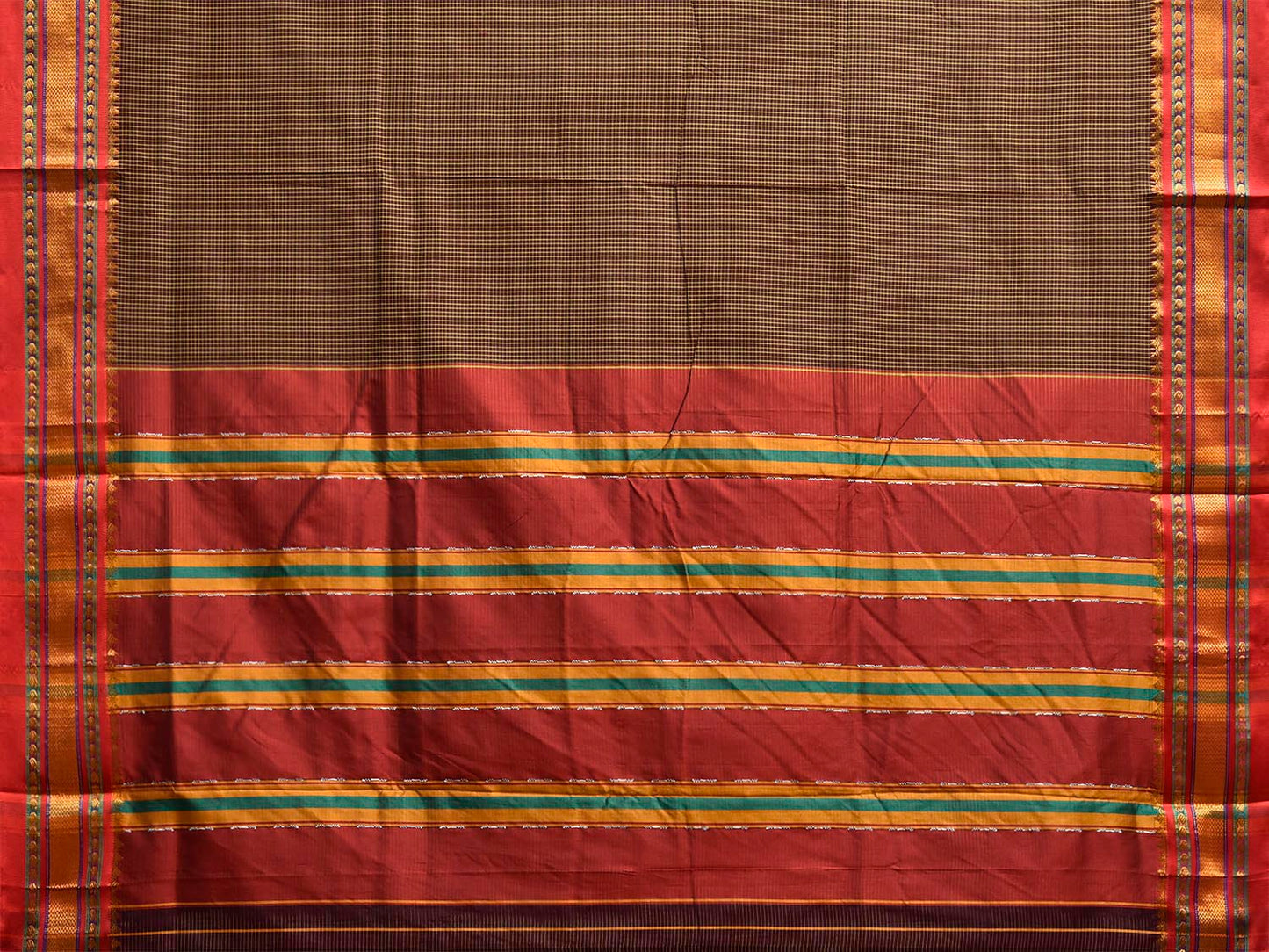Brown and Red ilkal Viscose Saree with Small Checks and Strips Pallu Design il0092