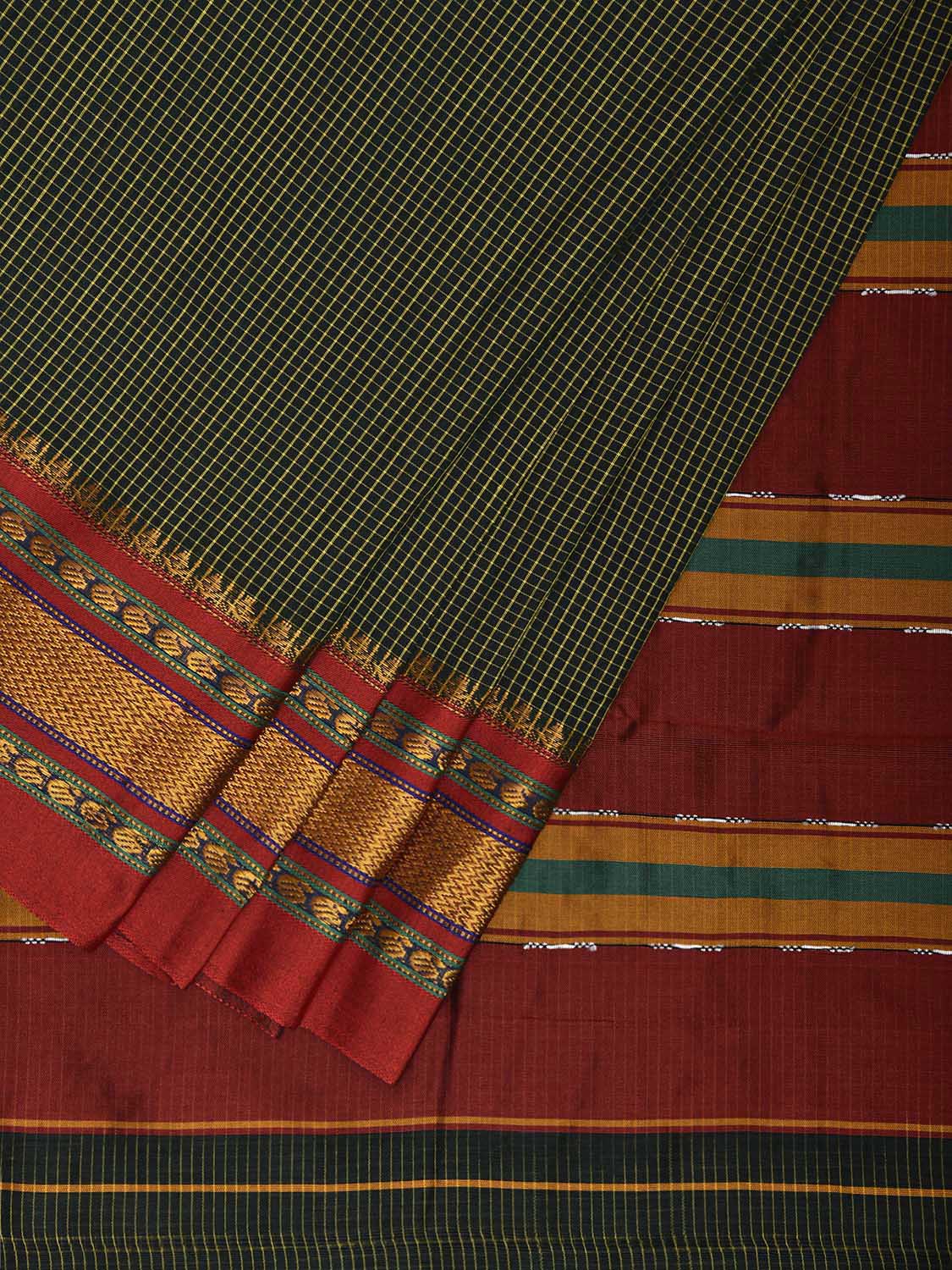 Dark Green and Red ilkal Viscose Saree with Small Checks and Strips Pallu Design il0093