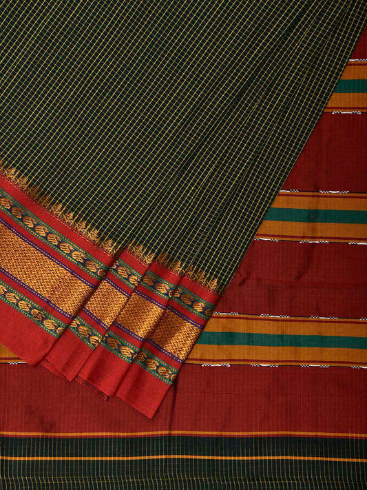 Dark Green and Red ilkal Viscose Saree with Small Checks and Strips Pallu Design il0093