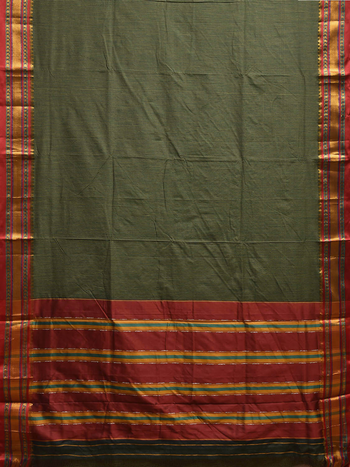 Dark Green and Red ilkal Viscose Saree with Small Checks and Strips Pallu Design il0093