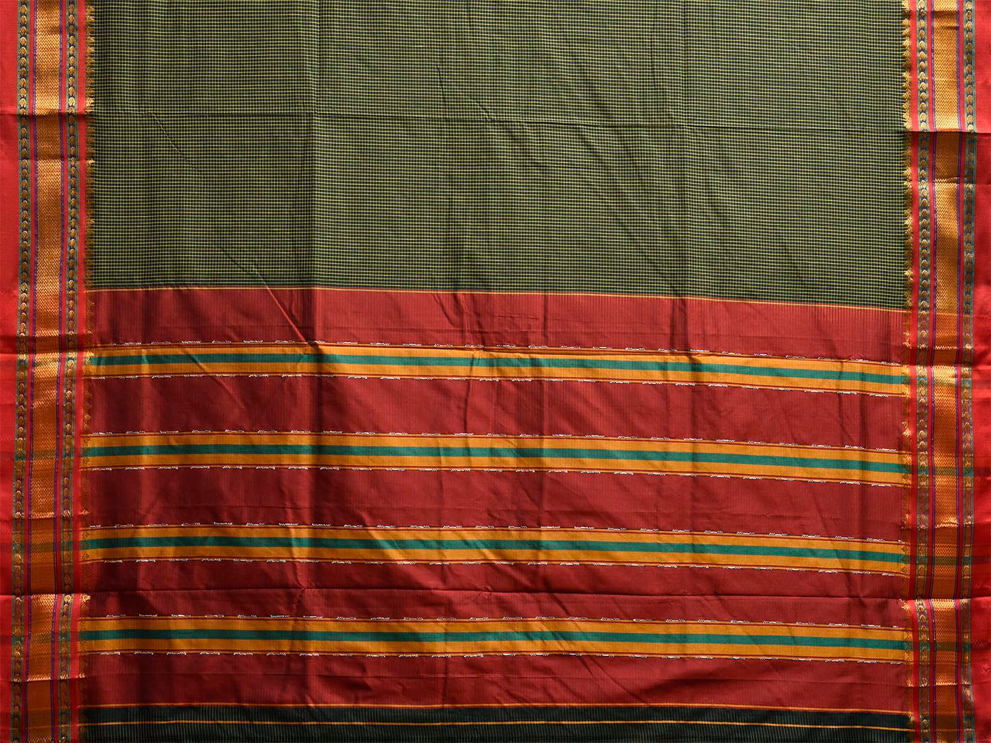 Dark Green and Red ilkal Viscose Saree with Small Checks and Strips Pallu Design il0093