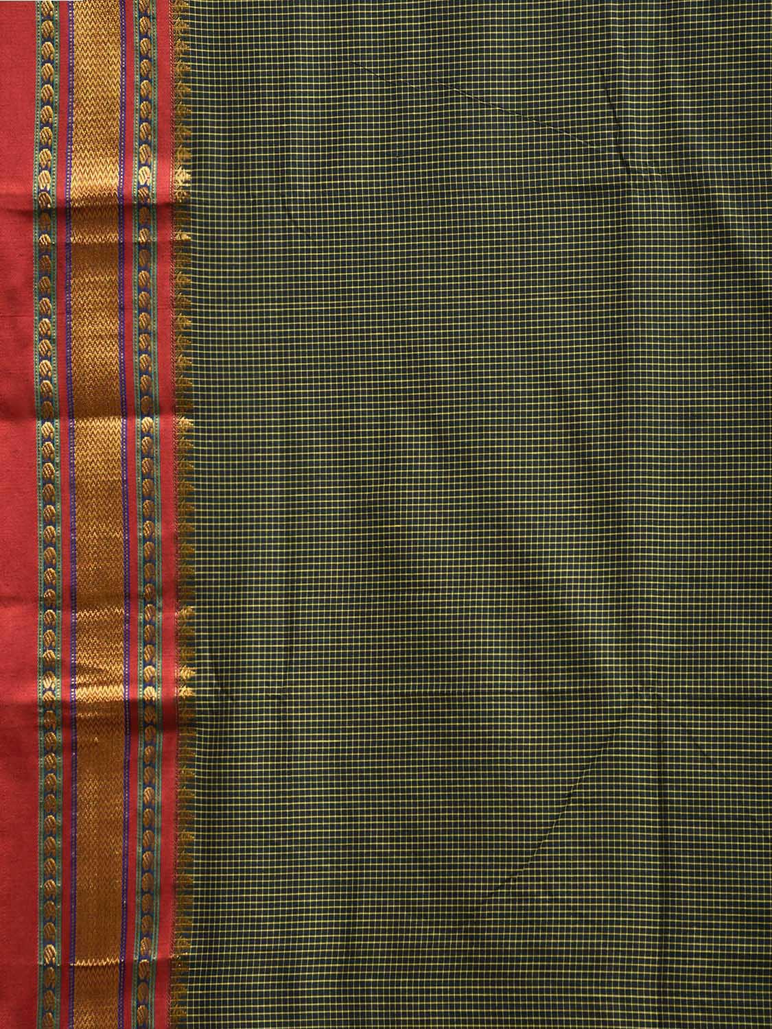 Dark Green and Red ilkal Viscose Saree with Small Checks and Strips Pallu Design il0093
